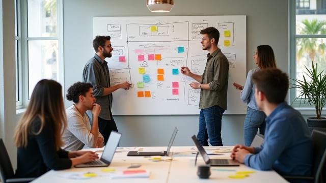 Isang grupo ng UX/UI designers na nagko-collaborate sa isang whiteboard na may wireframes at user flows.